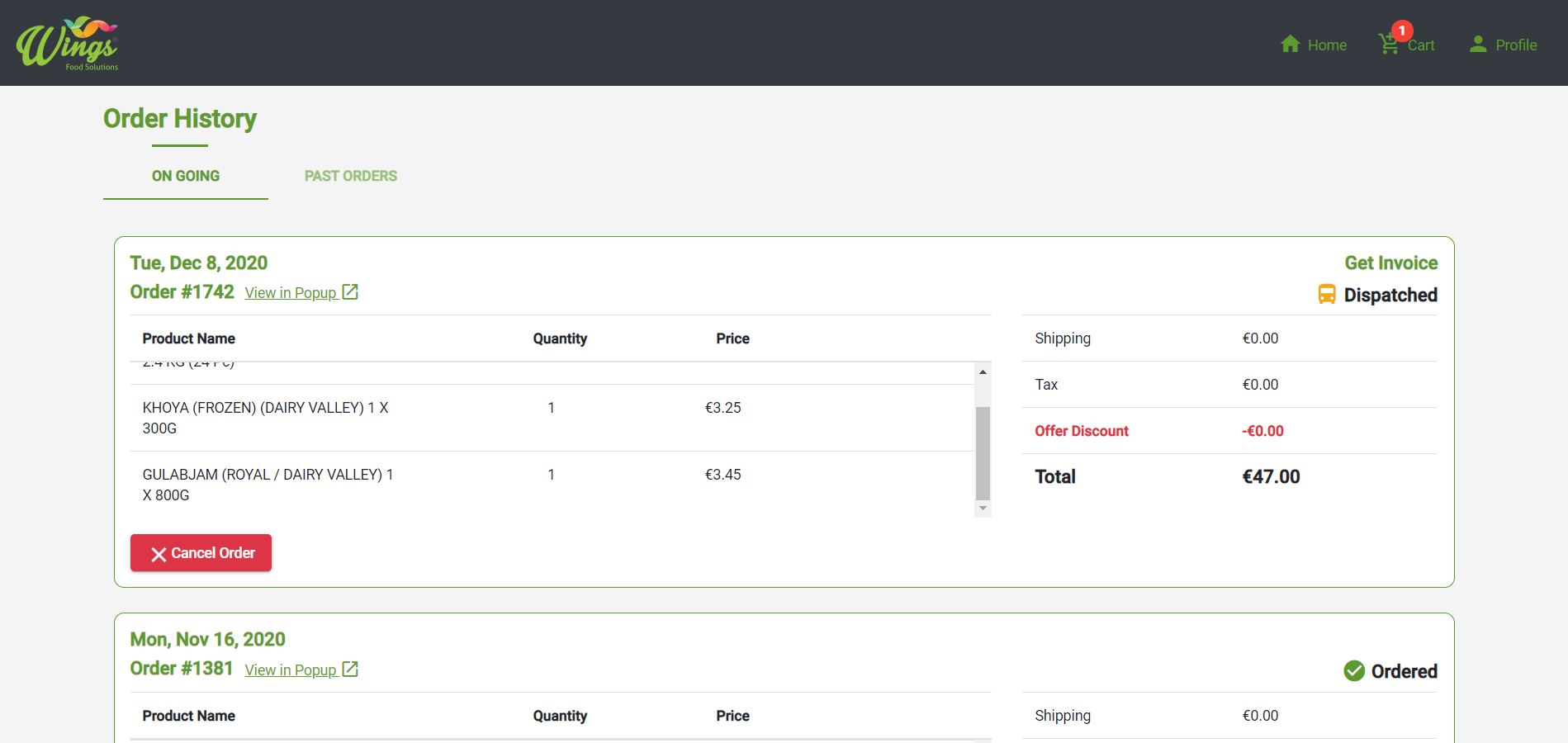 Wings Food Ordering Software